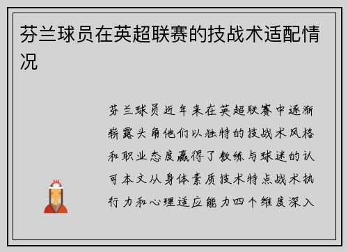 芬兰球员在英超联赛的技战术适配情况